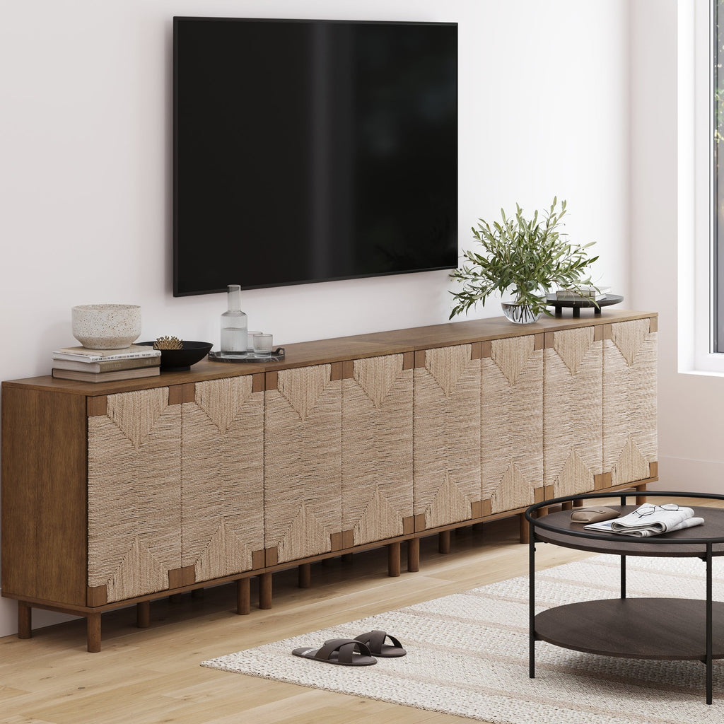Wood TV Console for TVs up to 100" with Seagrass Doors