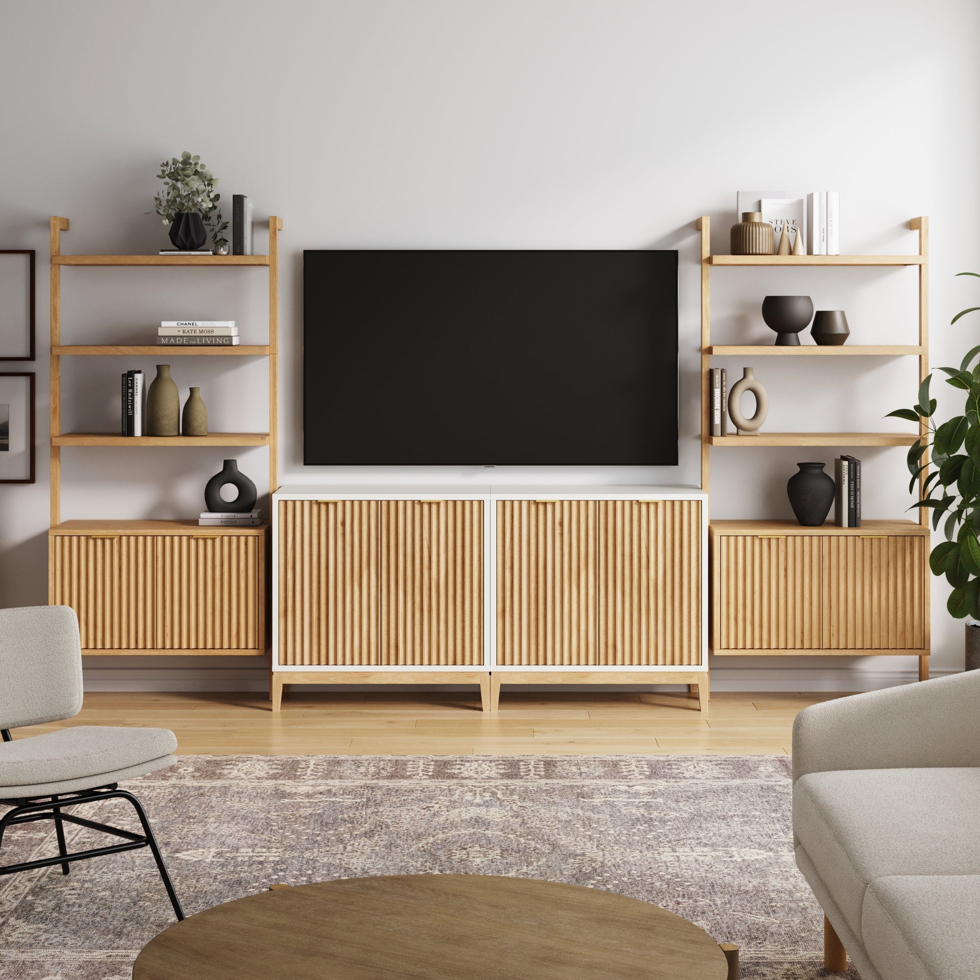 Mid-Century Entertainment Center Light Brown Warm White (2 Cabinets)