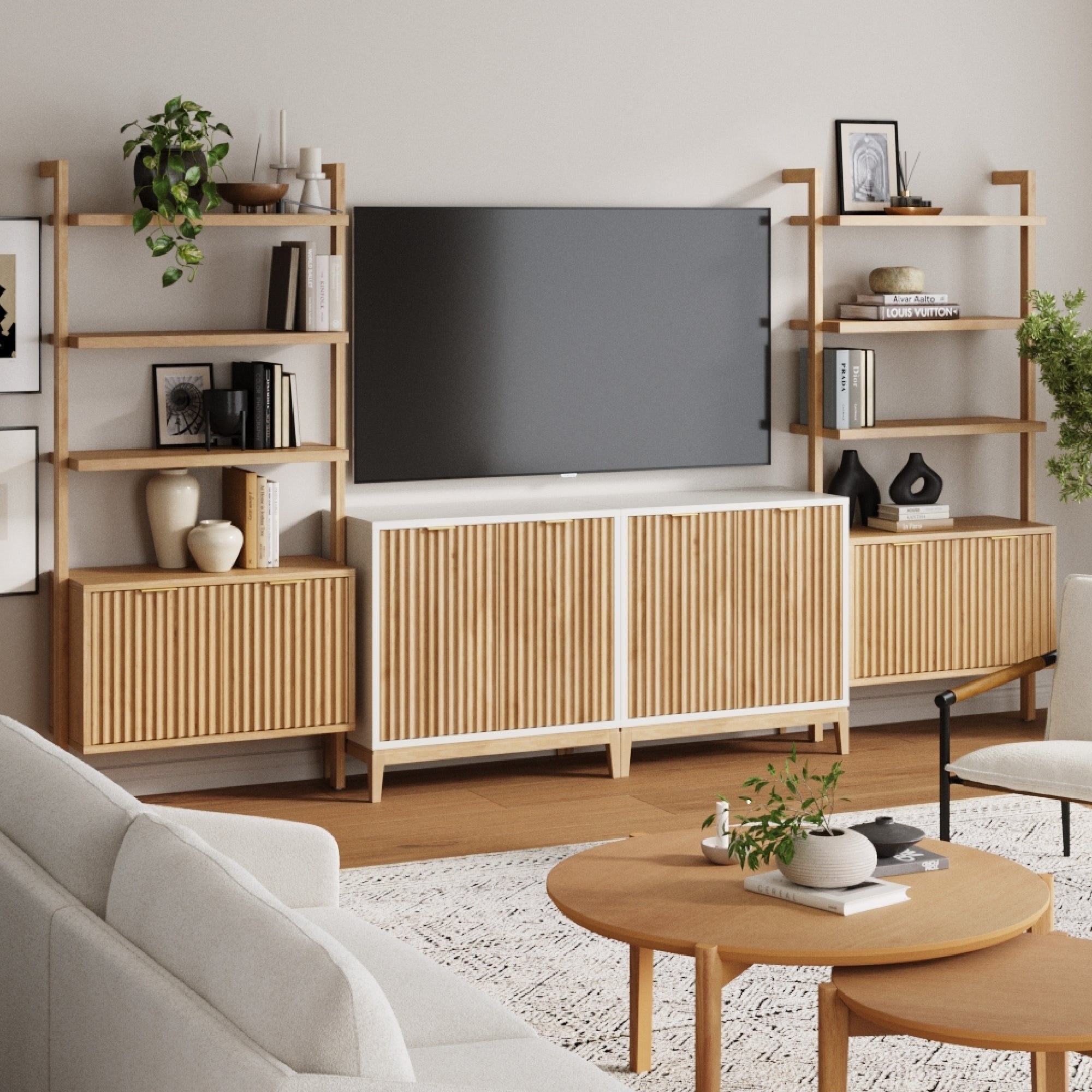 Mid-Century Entertainment Center Light Brown Warm White (2 Cabinets)