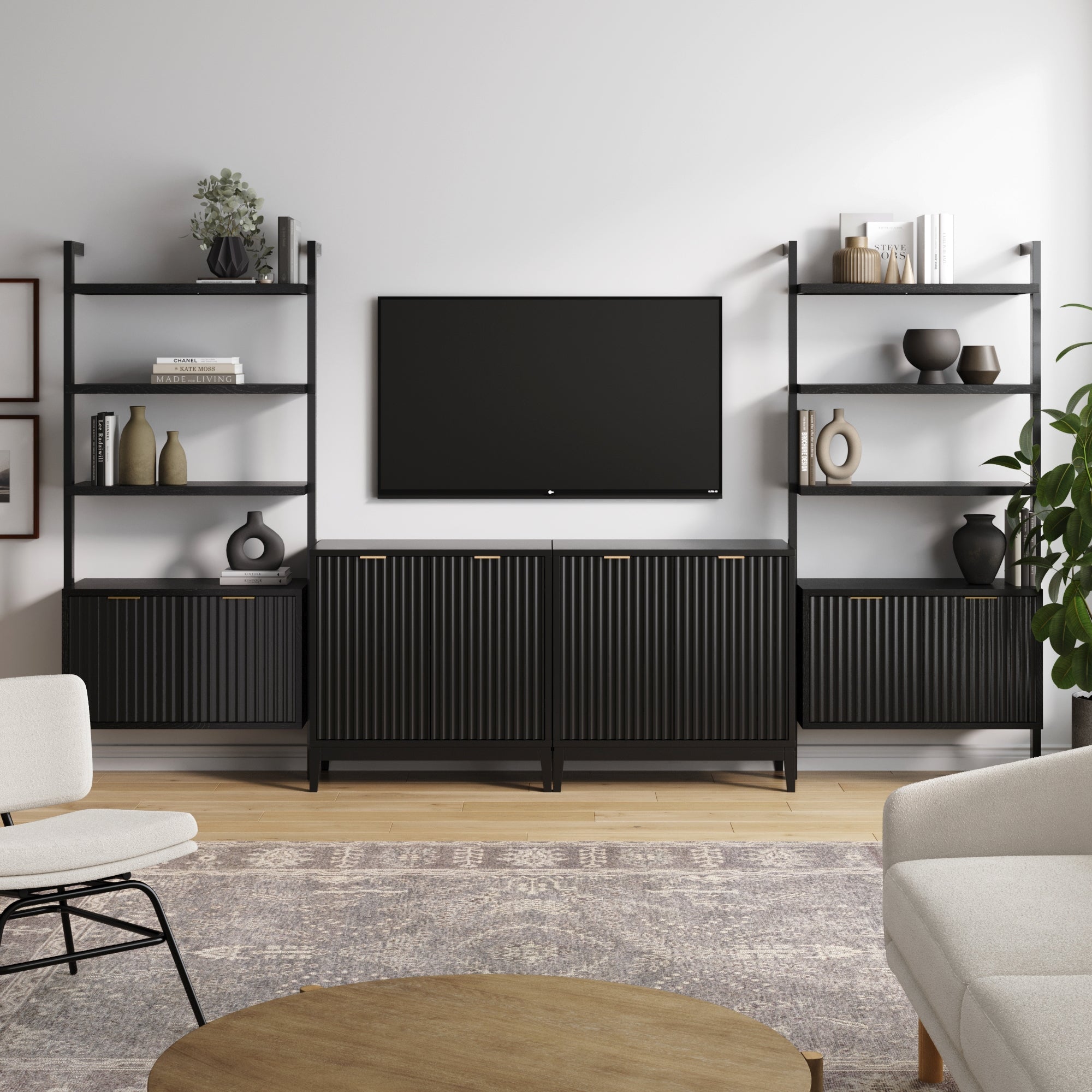 Solid Wood Fluted Entertainment Center Black Oak (2 Cabinets)