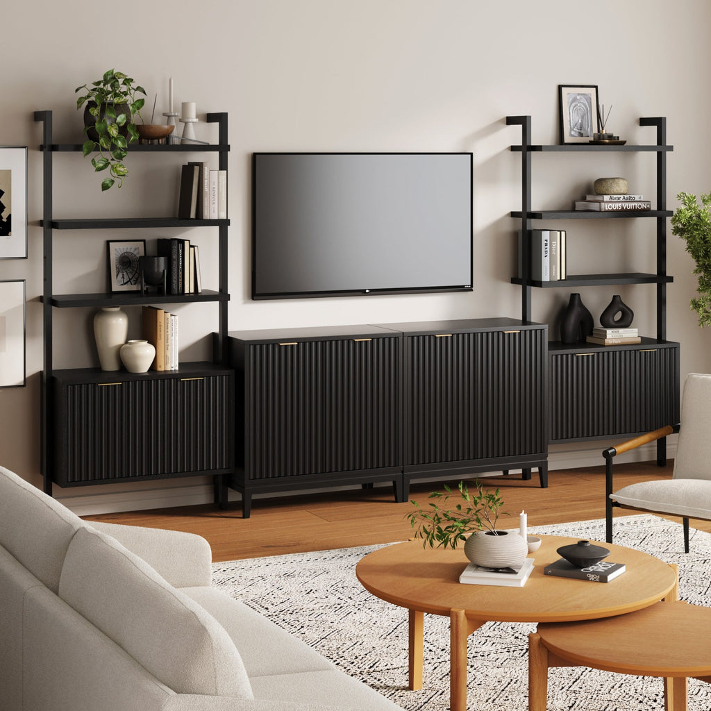 Solid Wood Fluted Entertainment Center Black Oak (2 Cabinets)