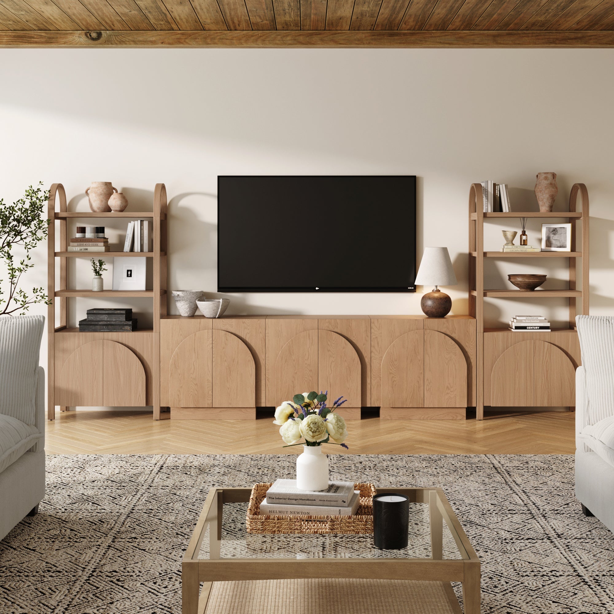 Mid-Century Modern Arched Wood Entertainment Center Oak (3 Cabinets)