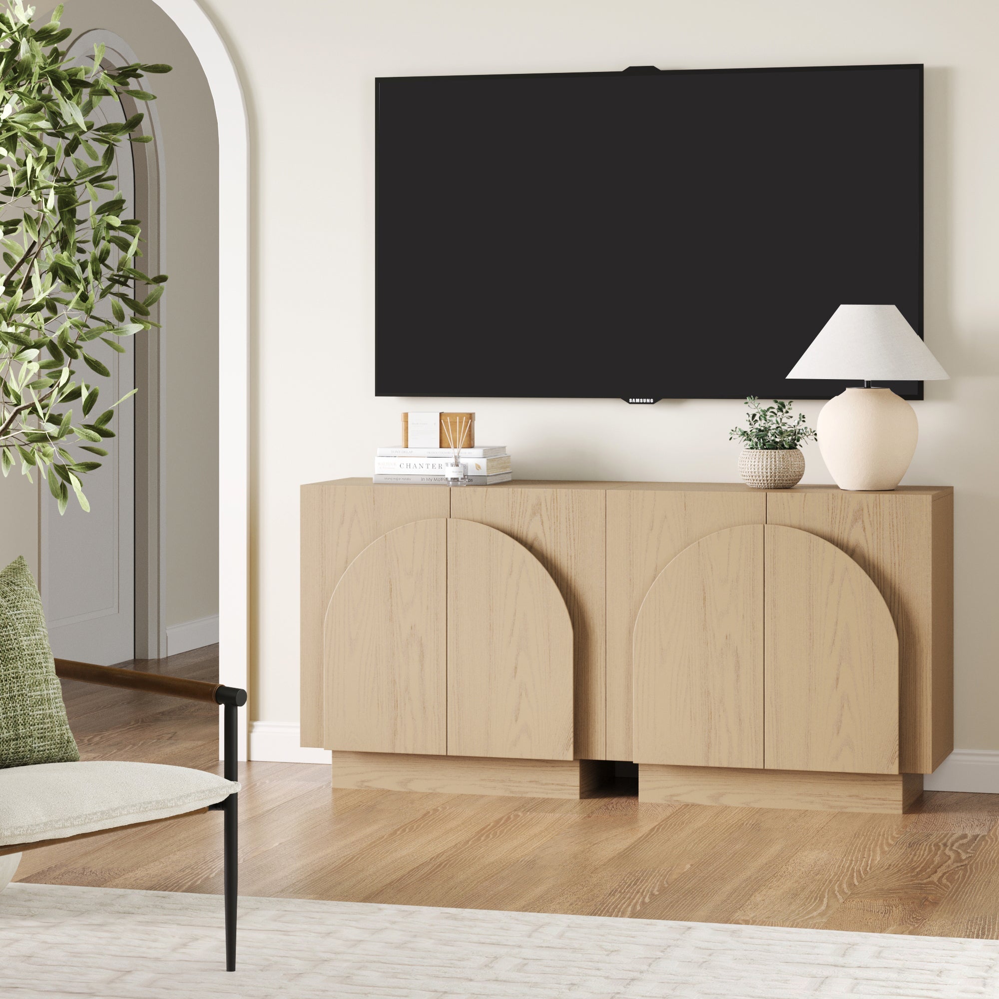 Wood Mid-Century Arched Storage Cabinet Credenza