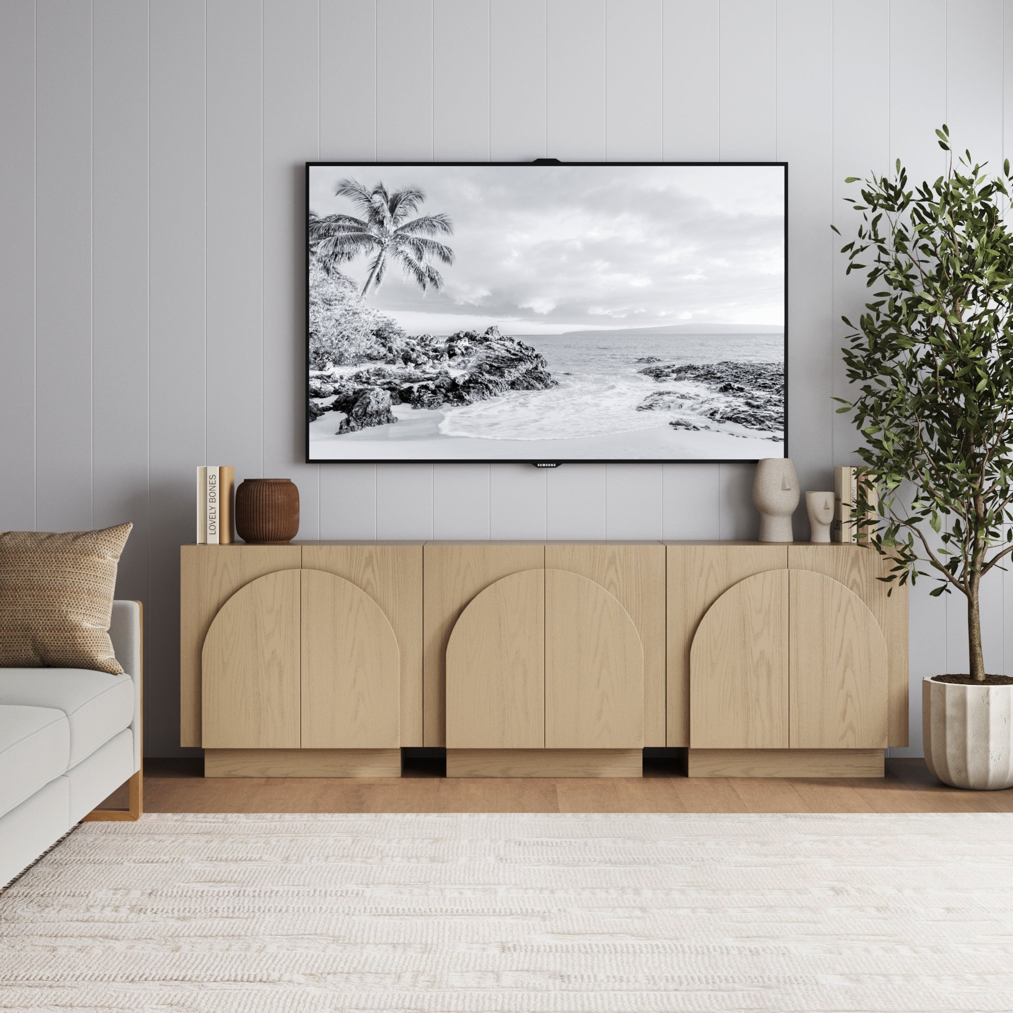 Wood Mid-Century Arched Storage Cabinet Credenza
