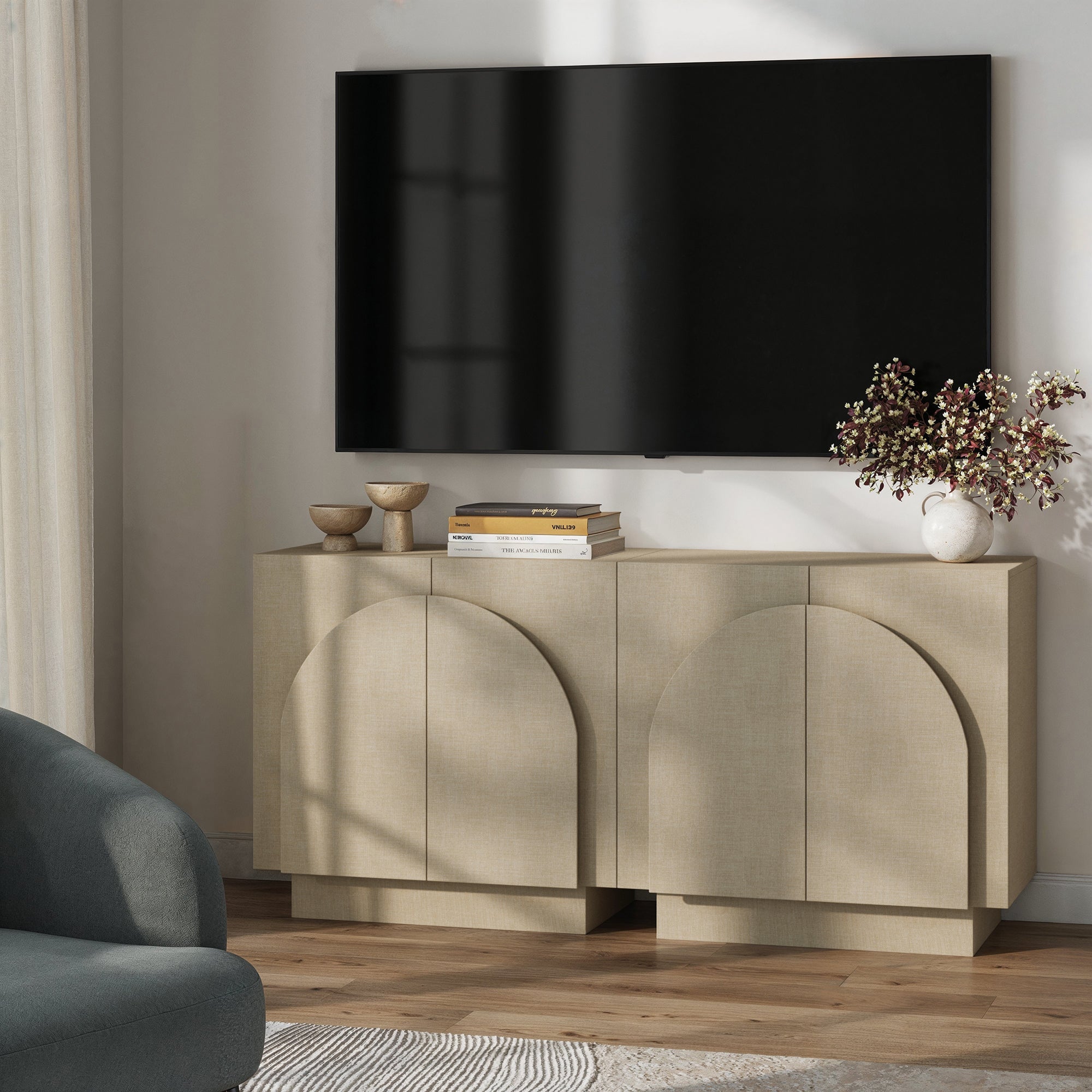 Arched Fabric Wrapped Storage Cabinet Credenza