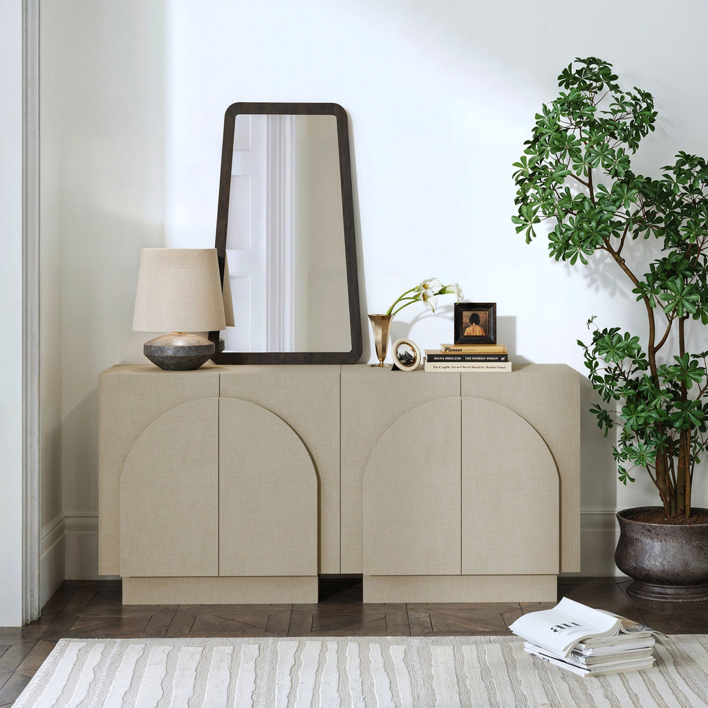 Arched Fabric Wrapped Storage Cabinet Credenza
