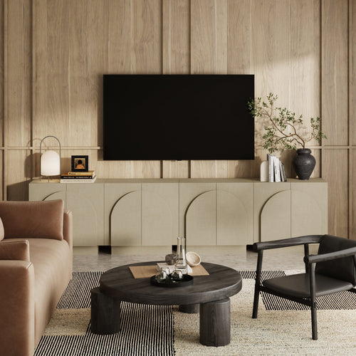 Arched Fabric Wrapped Storage Credenza with Doors