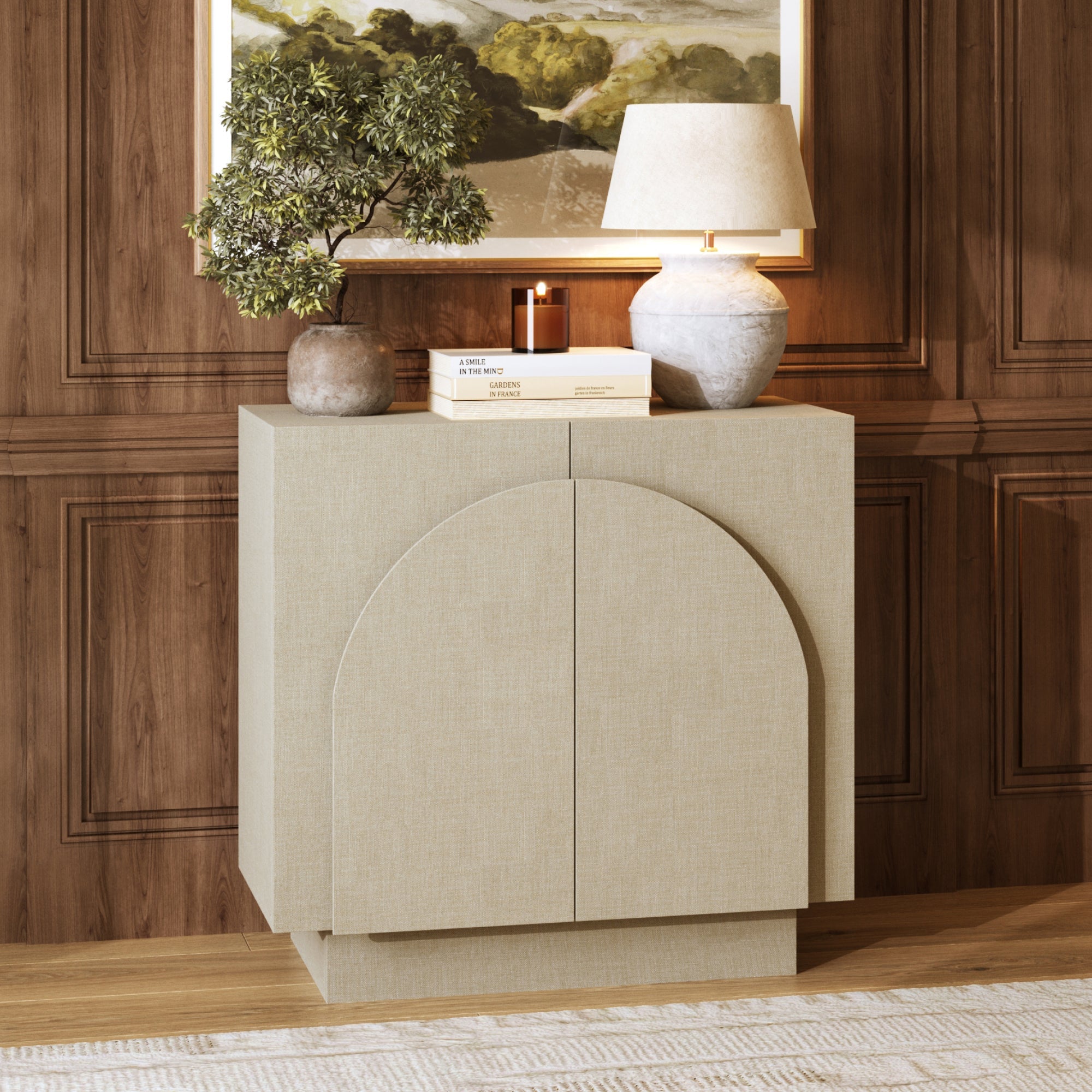 Arched Fabric Wrapped Storage Cabinet