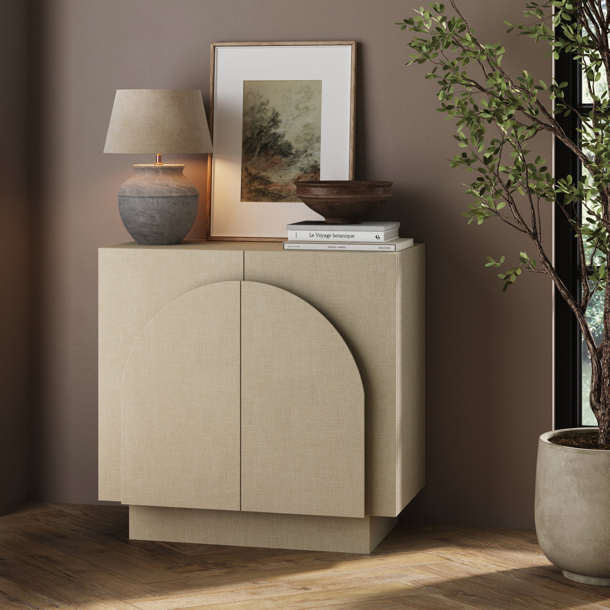 Arched Fabric Wrapped Storage Cabinet