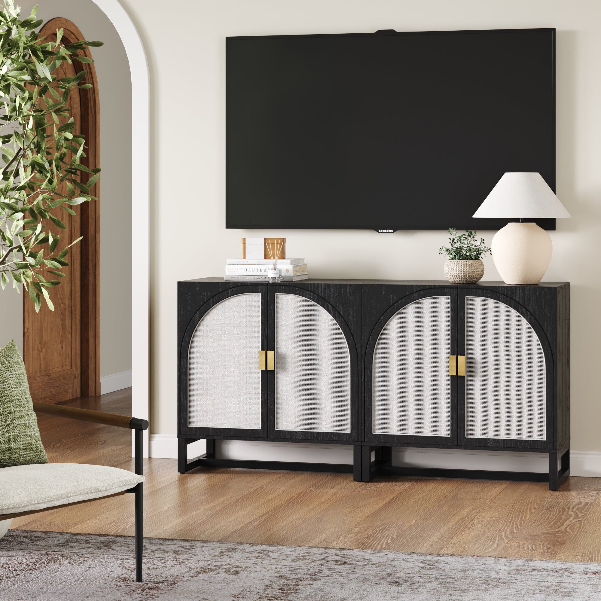 Rattan Arched Storage Cabinet Credenza