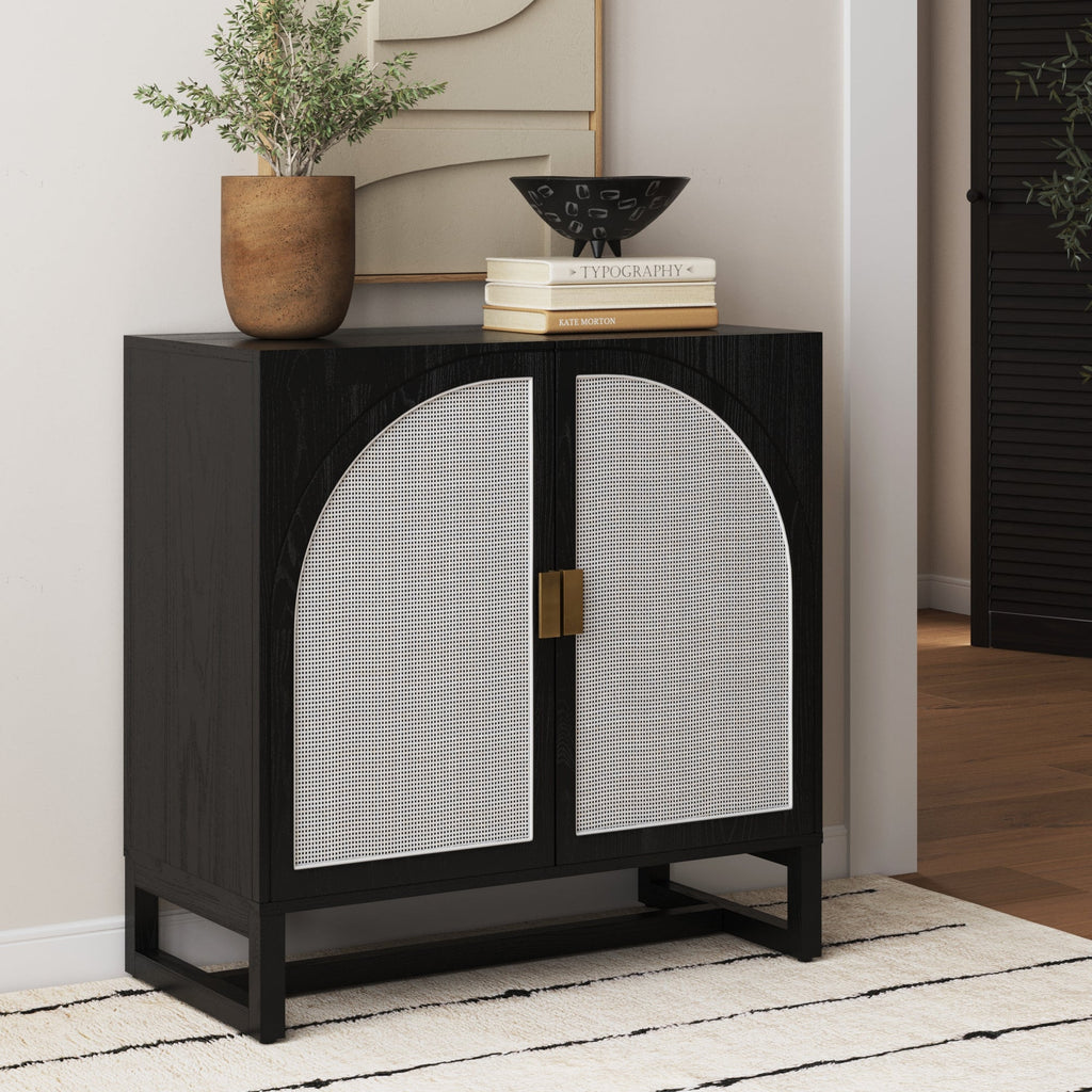 Boho Rattan Arched Door Storage Cabinet