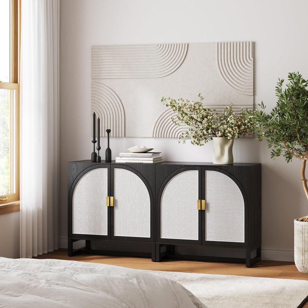 Boho Rattan Arched Door Storage Cabinet