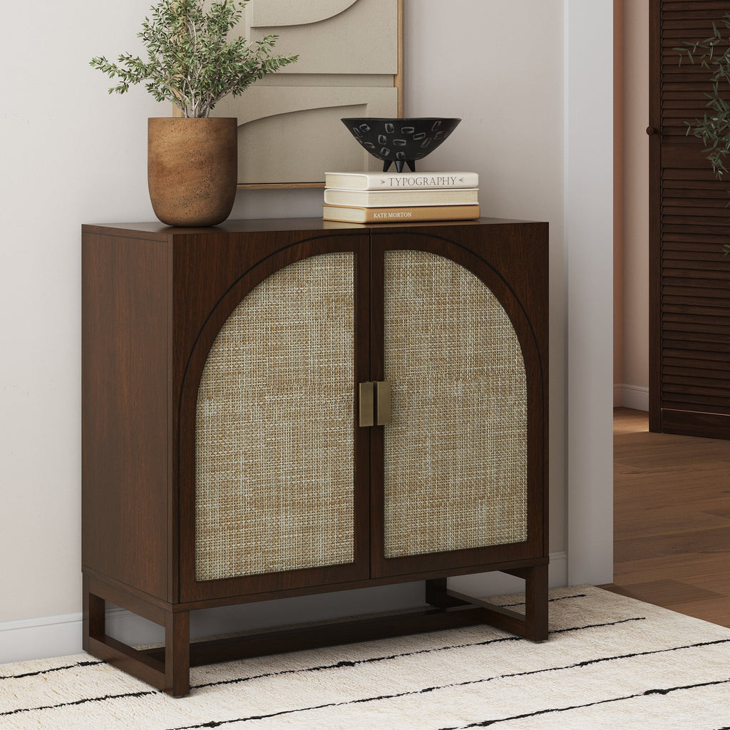 Boho Rattan Arched Door Storage Cabinet Dark