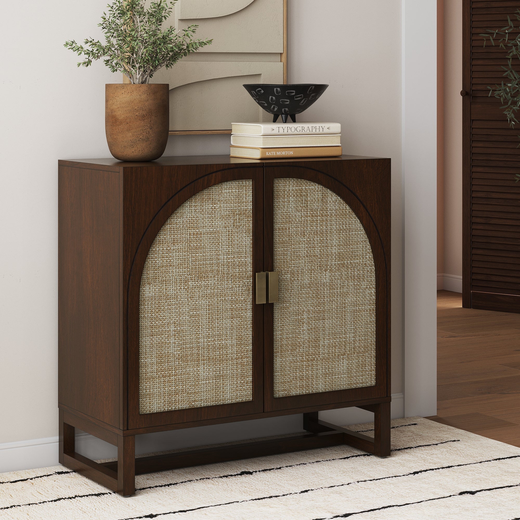 Boho Rattan Arched Door Storage Cabinet Dark