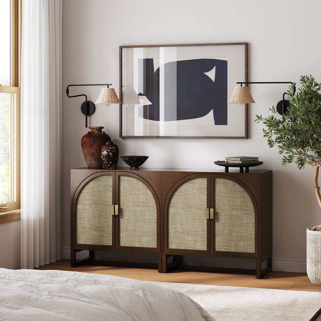 Boho Rattan Arched Door Storage Cabinet Dark