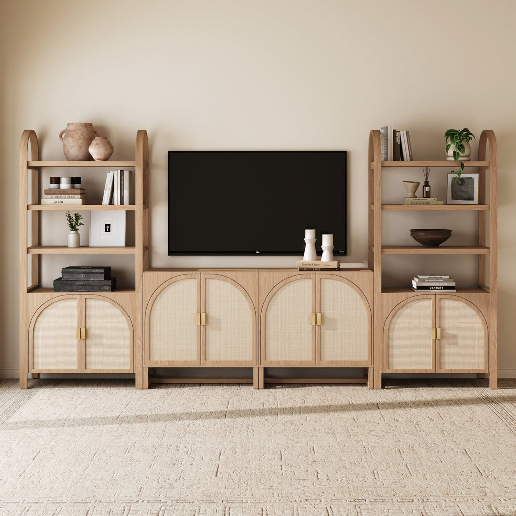 Arched Rattan Entertainment Center Wall Unit with Bookshelves (65" TV)
