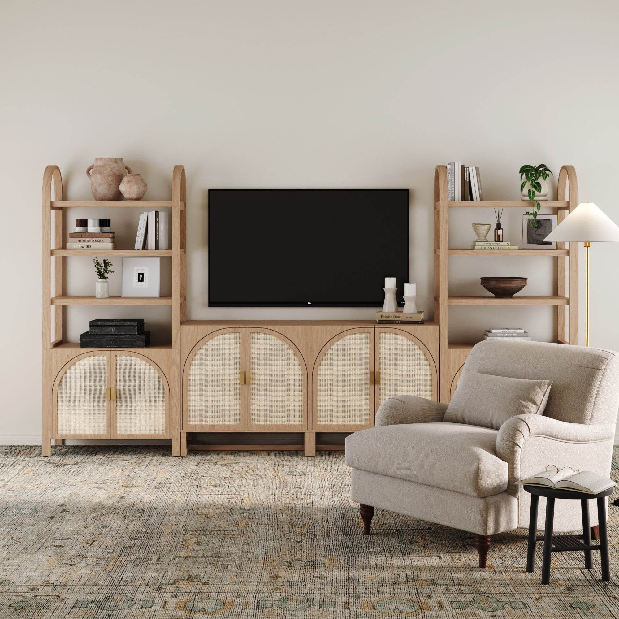 Arched Rattan Entertainment Center Wall Unit with Bookshelves (65" TV)