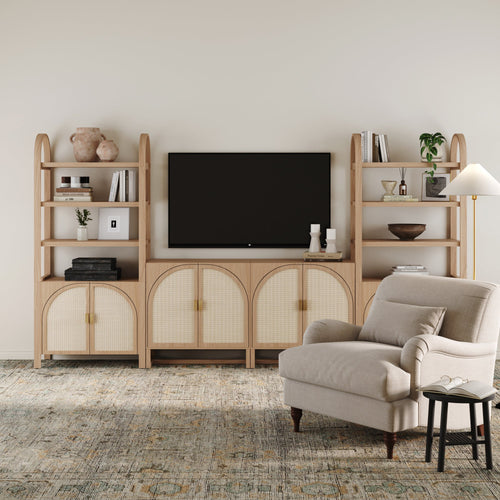 Arched Rattan Entertainment Center Wall Unit with Bookshelves (65" TV)