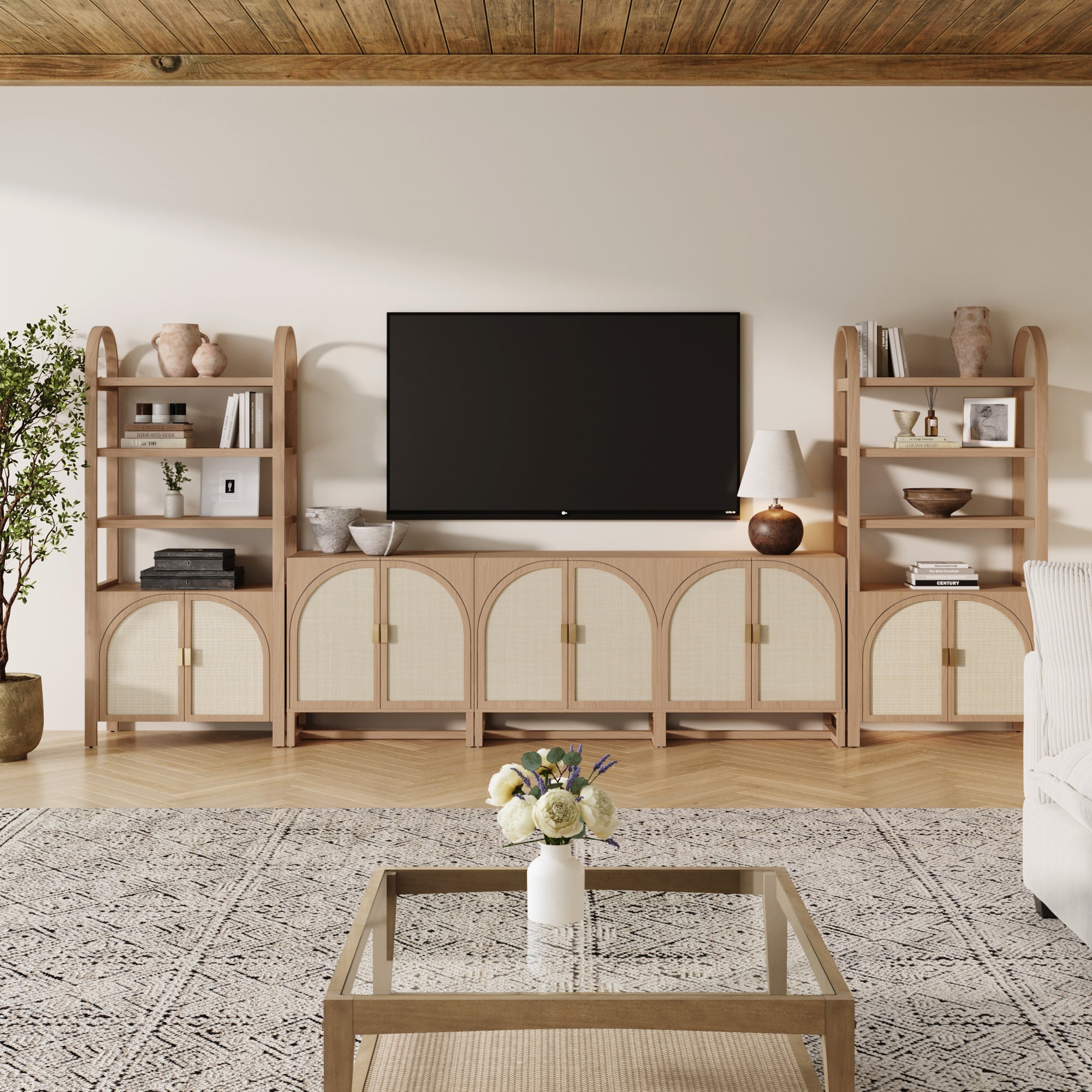 Arched Rattan Entertainment Center Wall Unit with Bookshelves (75" TV)