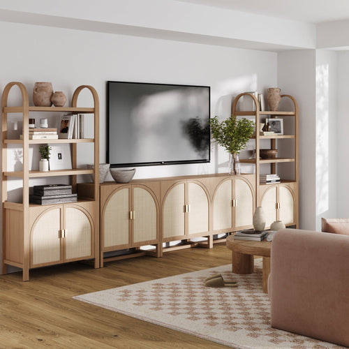 Arched Rattan Entertainment Center Wall Unit with Bookshelves (75" TV)