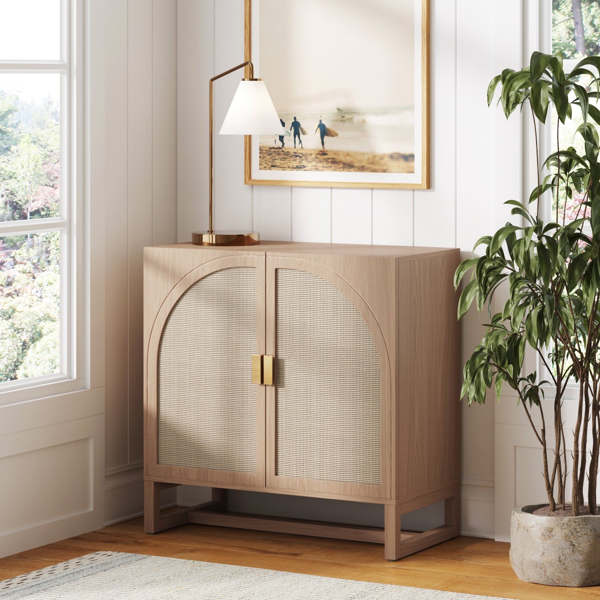 Boho Rattan Arched Door Storage Cabinet