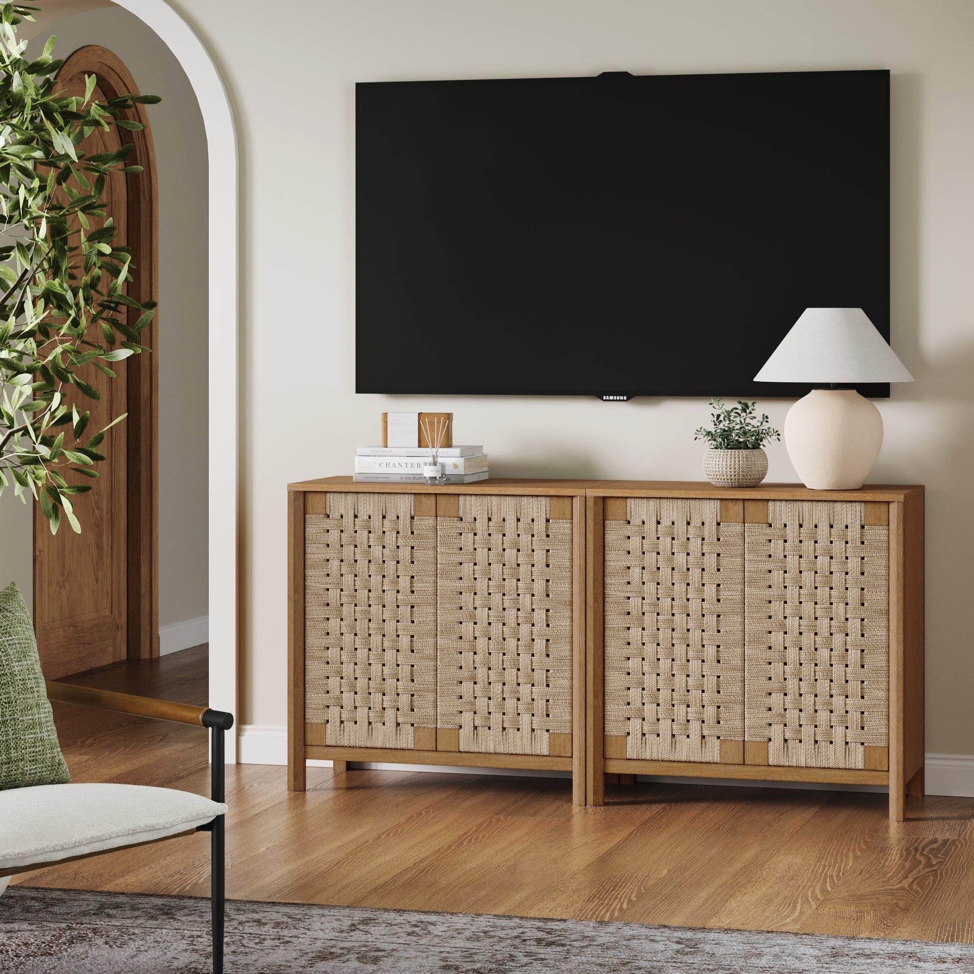 Woven Seagrass TV Console Cabinet for TVs up to 65"