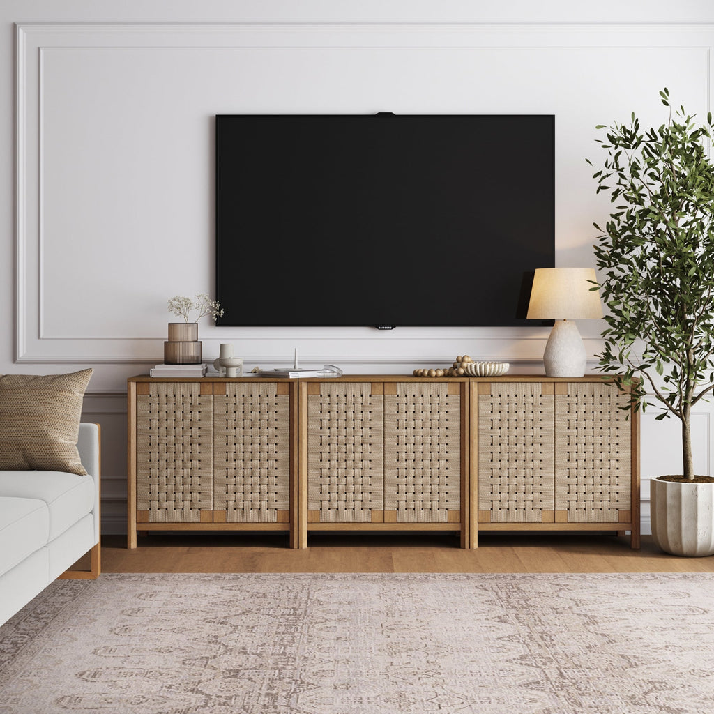 Boho Woven Seagrass Storage Cabinet Credenza