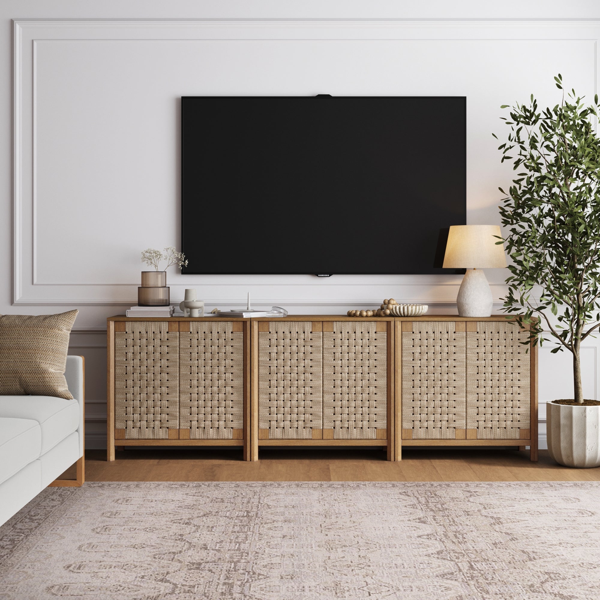 Boho Woven Seagrass Storage Cabinet Credenza