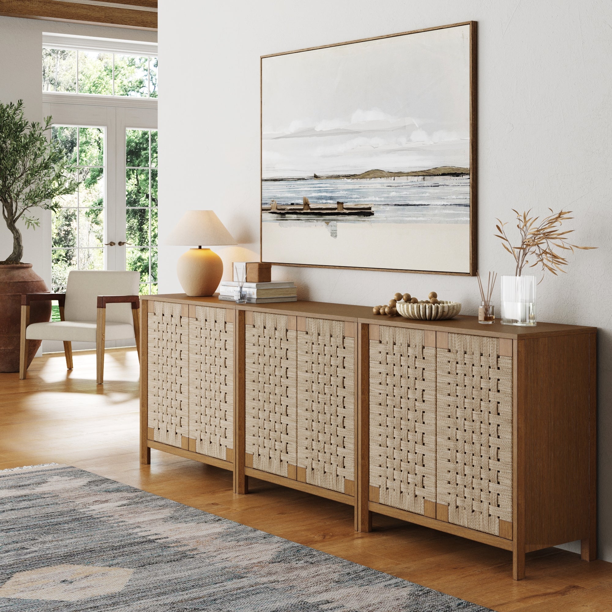 Boho Woven Seagrass Storage Cabinet Credenza