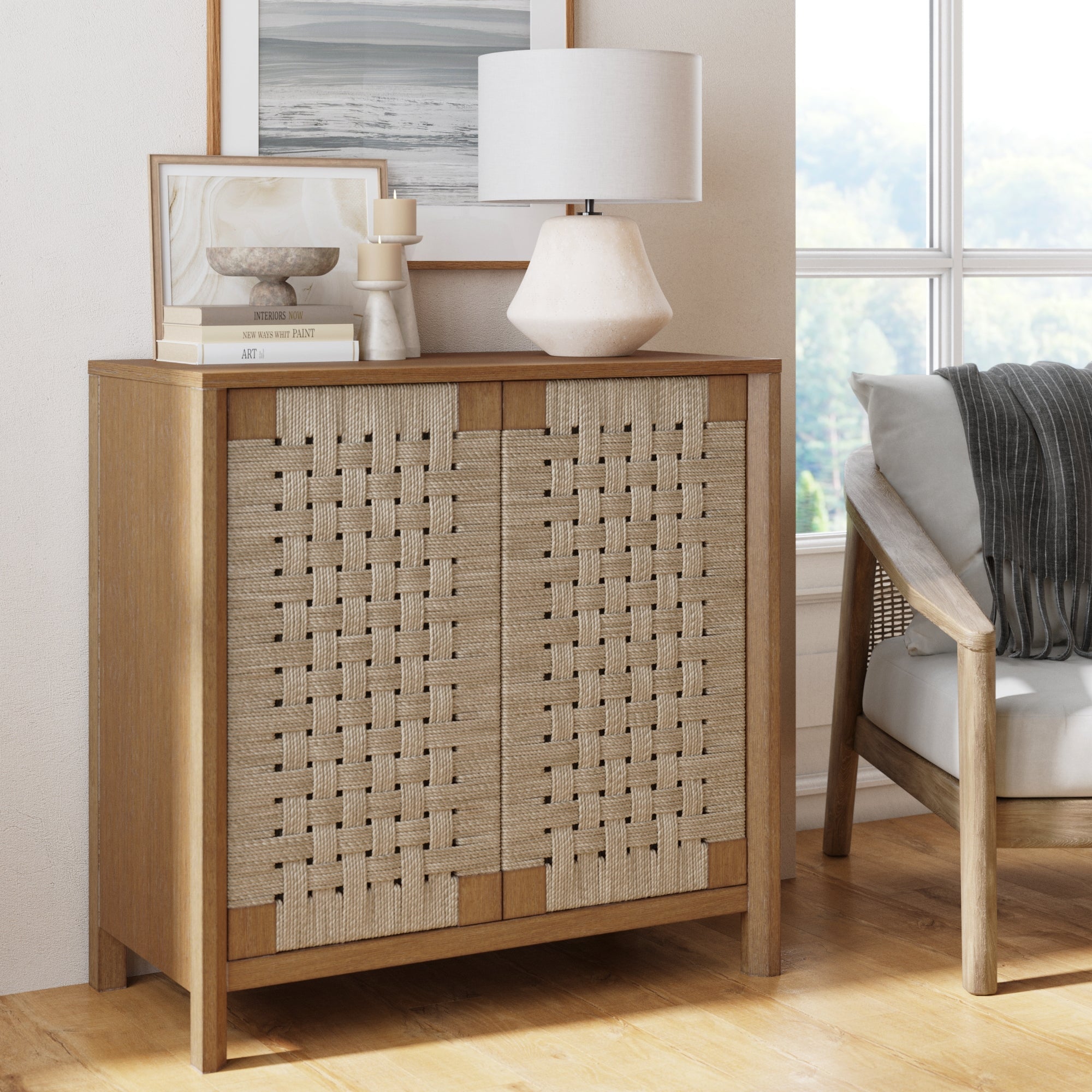 Boho Woven Seagrass & Wood Storage Cabinet