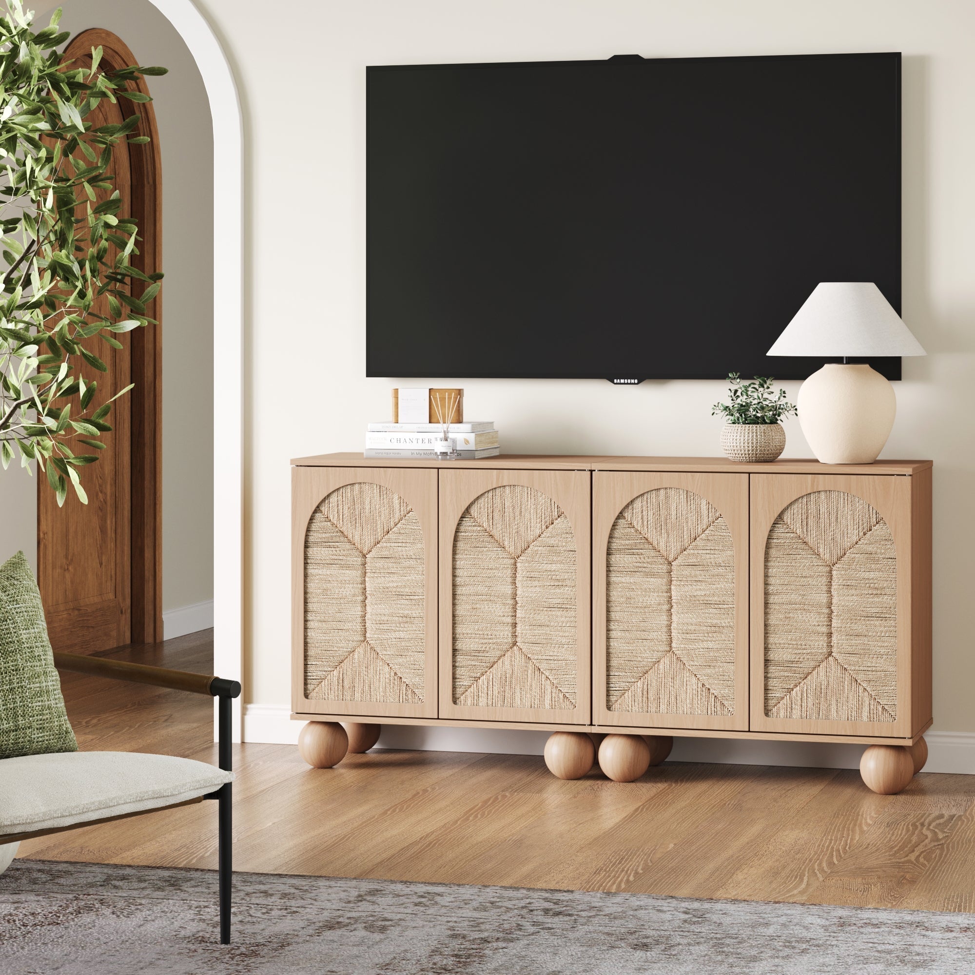 Seagrass Arched Storage Cabinet Credenza