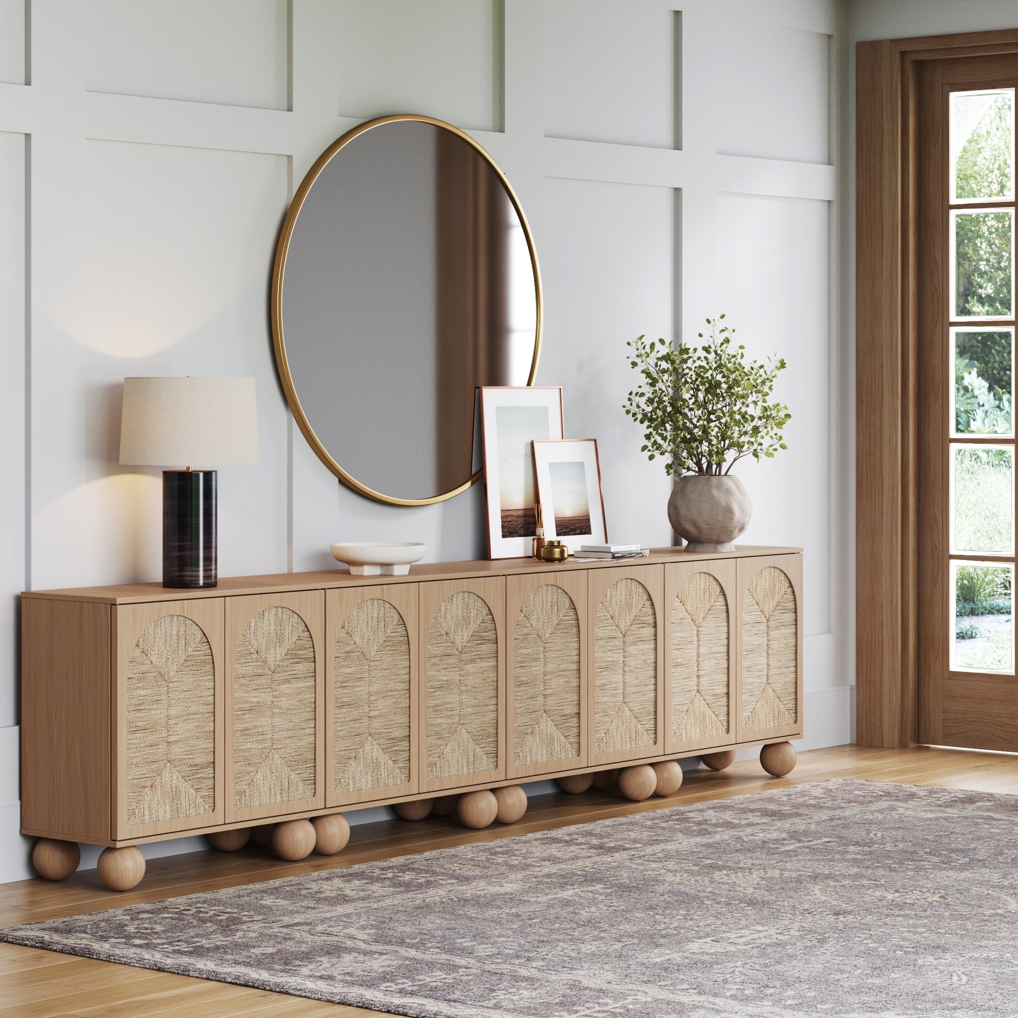 Large Seagrass Arched Storage Cabinet Credenza