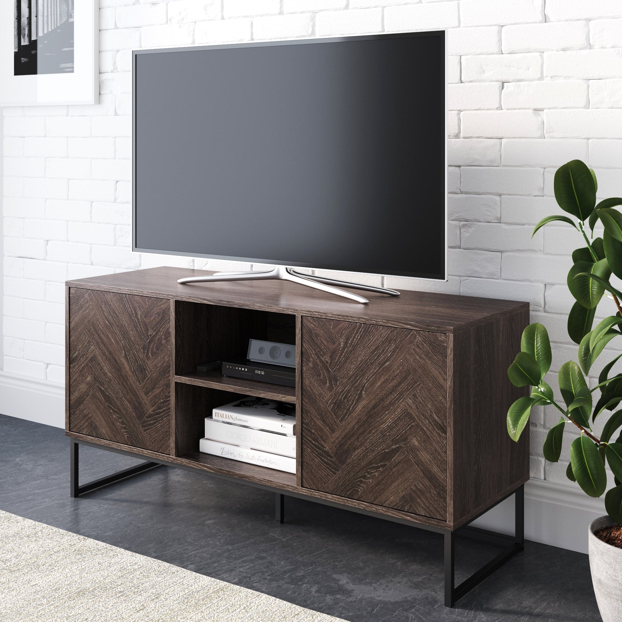 Wood Herringbone TV Cabinet Light Golden