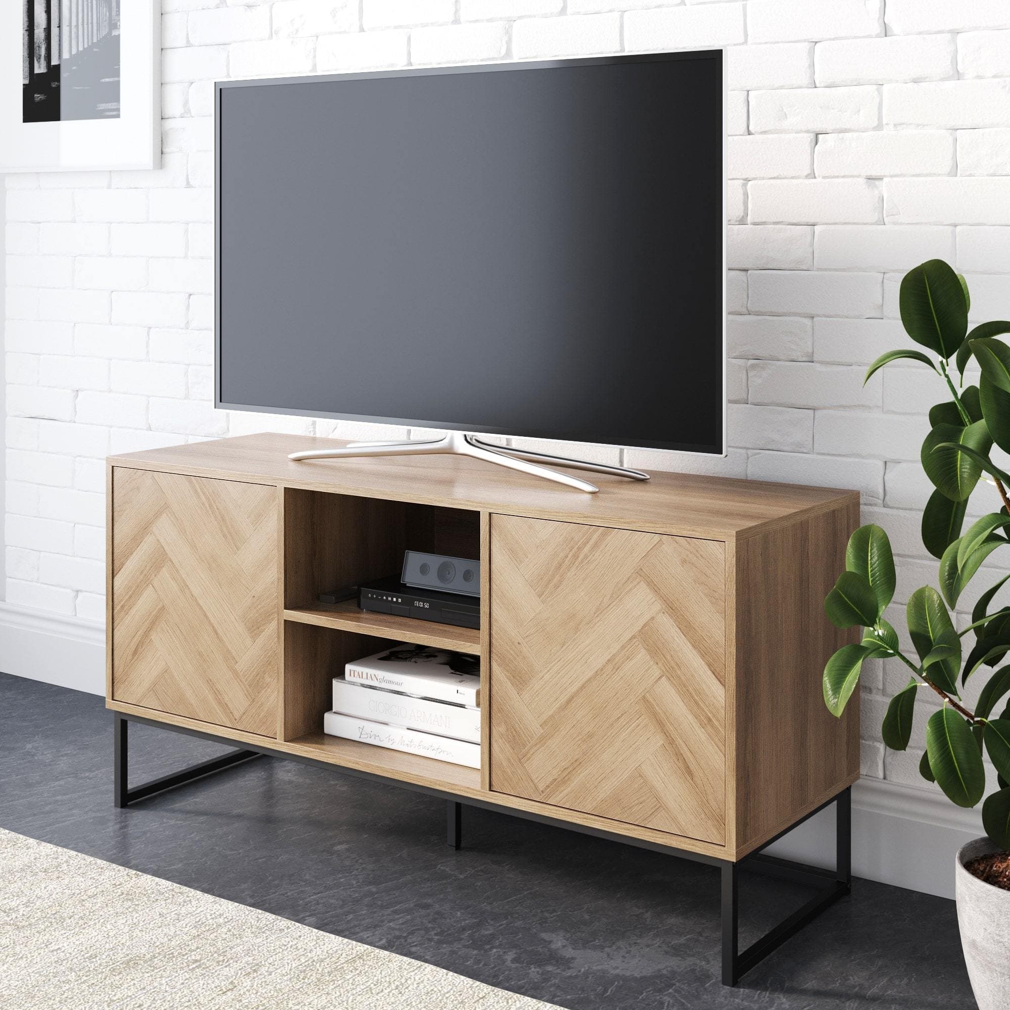 Wood Herringbone TV Cabinet Light Golden