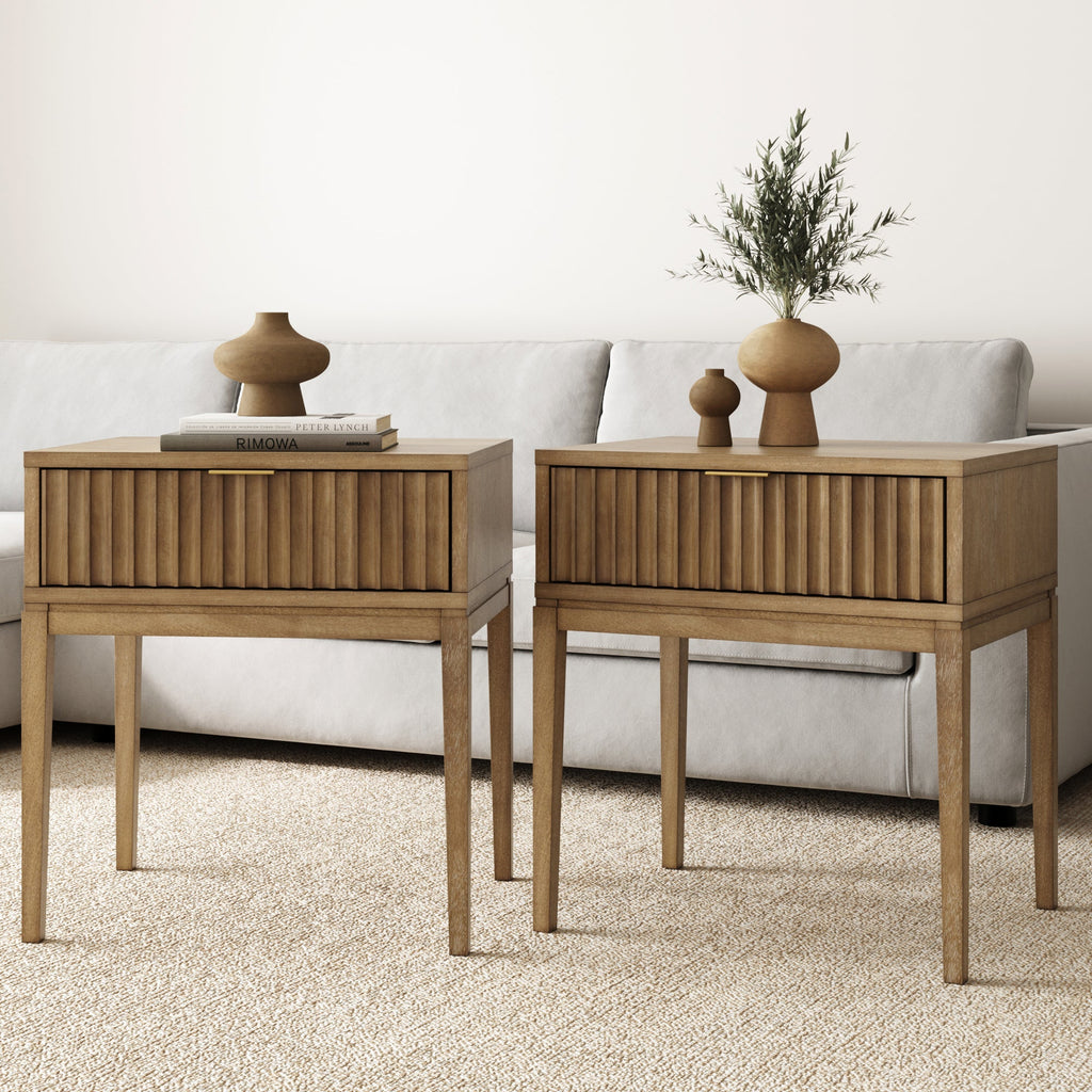 Bohemian Solid Wood Nightstand Set of 2 with Drawer