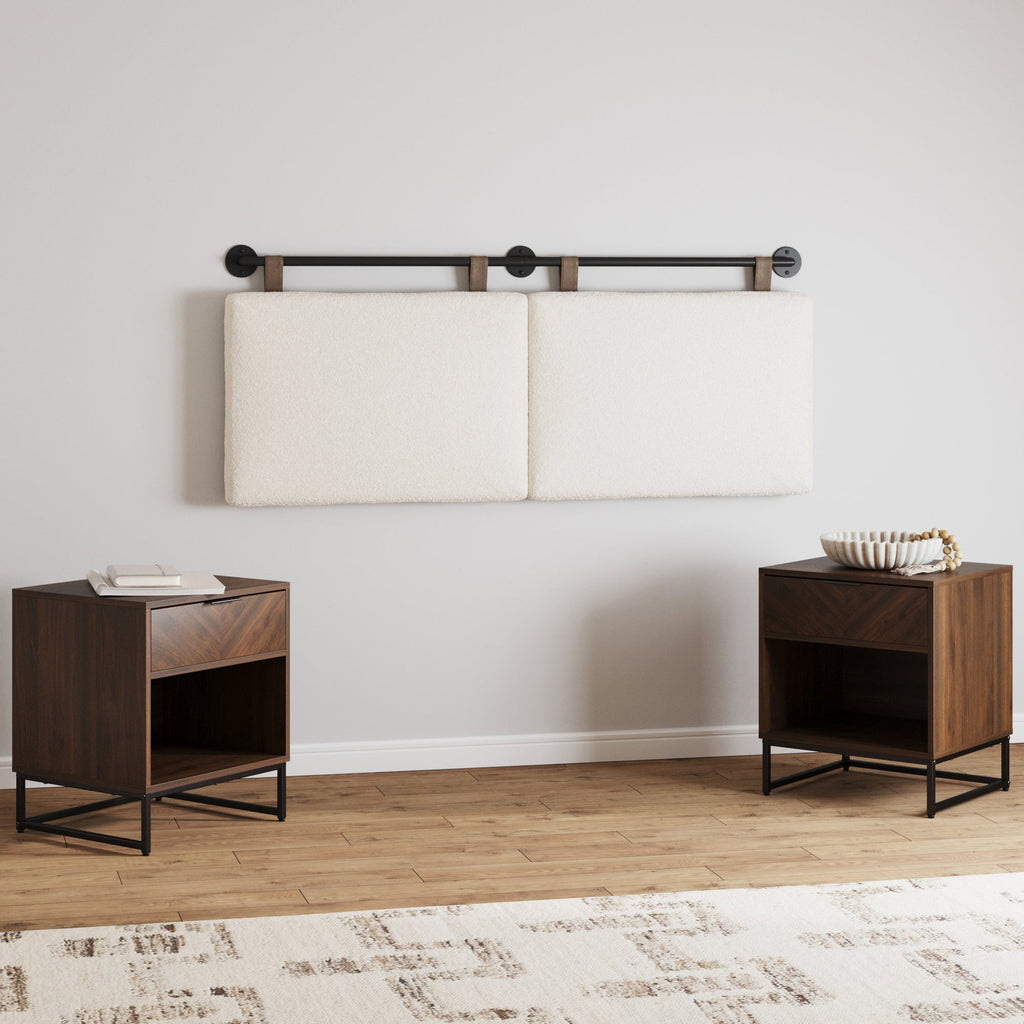 Boucle Queen Headboard and Walnut Nightstand Set