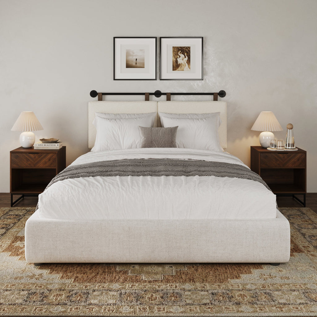 Boucle Queen Headboard and Walnut Nightstand Set