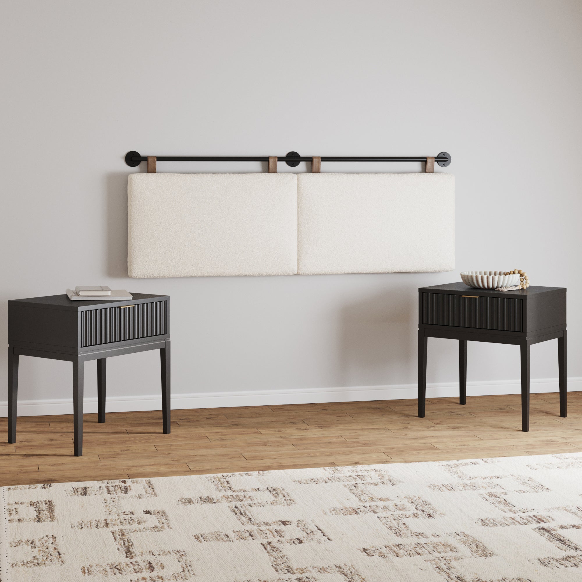 Modern Boucle King Headboard and Fluted Nightstand Set