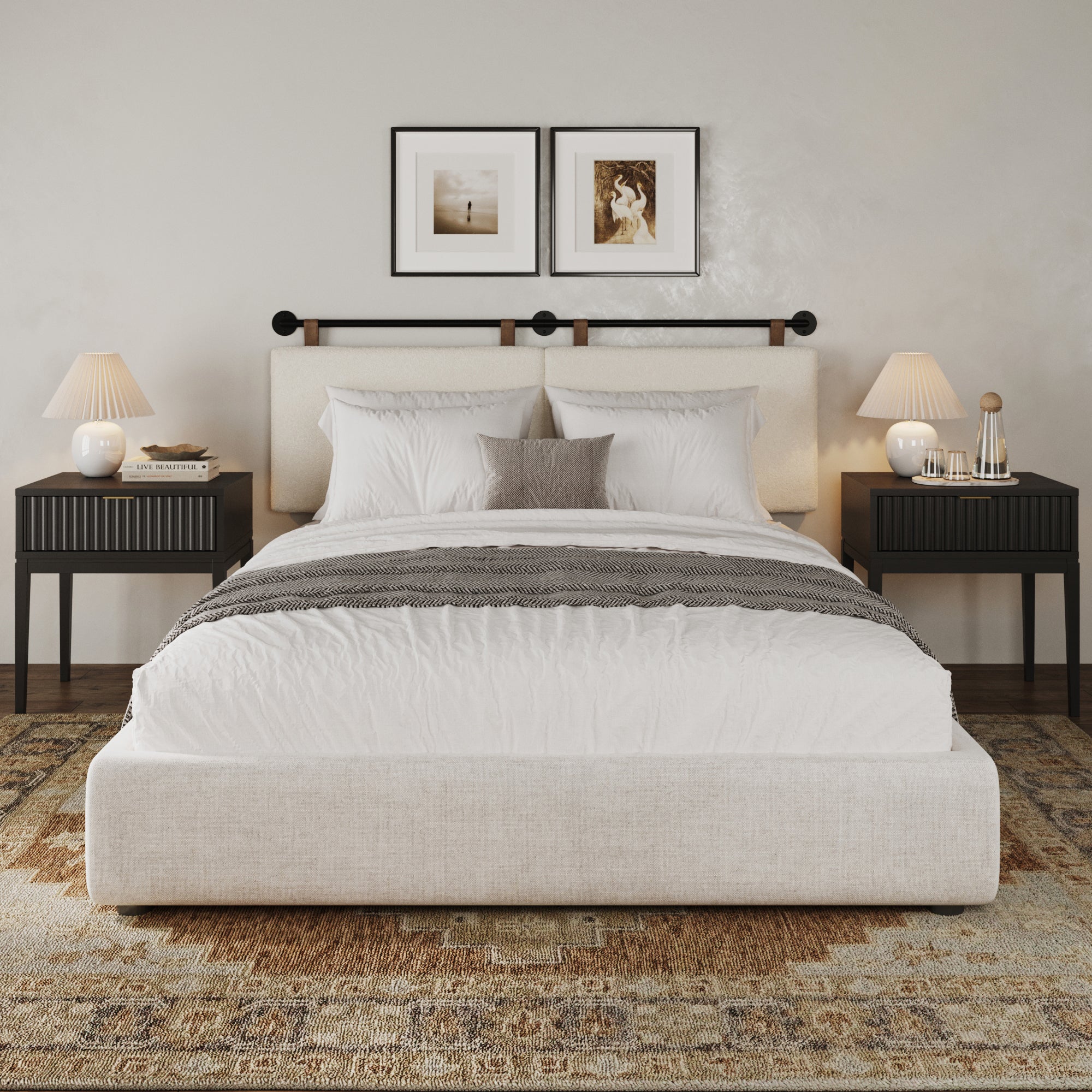 Modern Boucle King Headboard and Fluted Nightstand Set