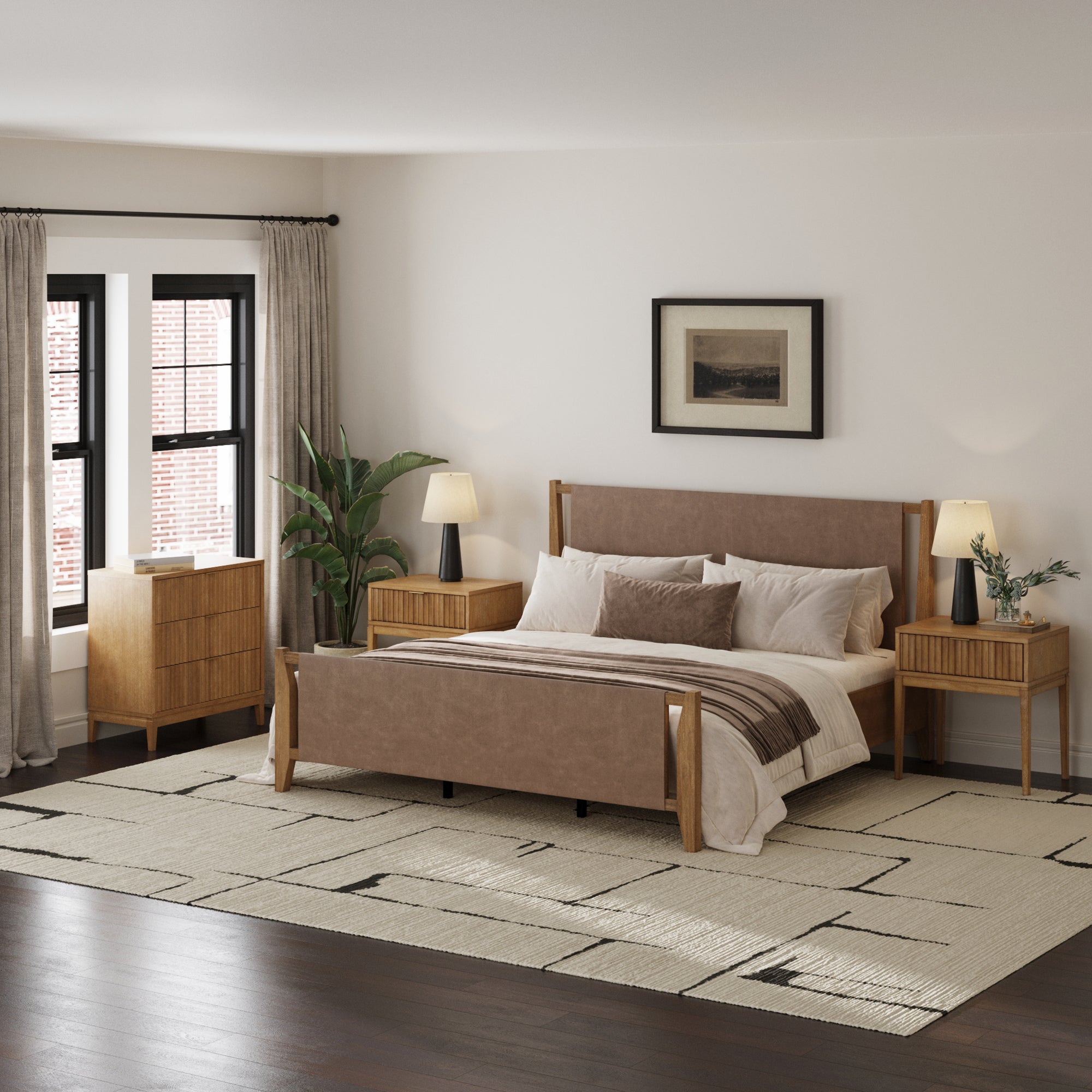Faux Leather King Bedroom Set with 1 Fluted Dresser & 2 Nightstand