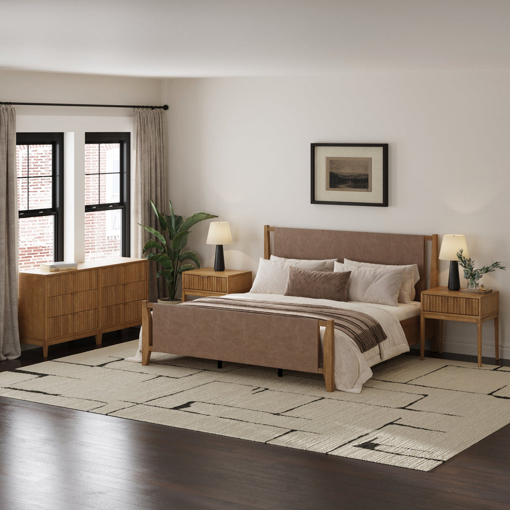 Faux Leather King Bedroom Set with 2 Fluted Dresser & 2 Nightstand