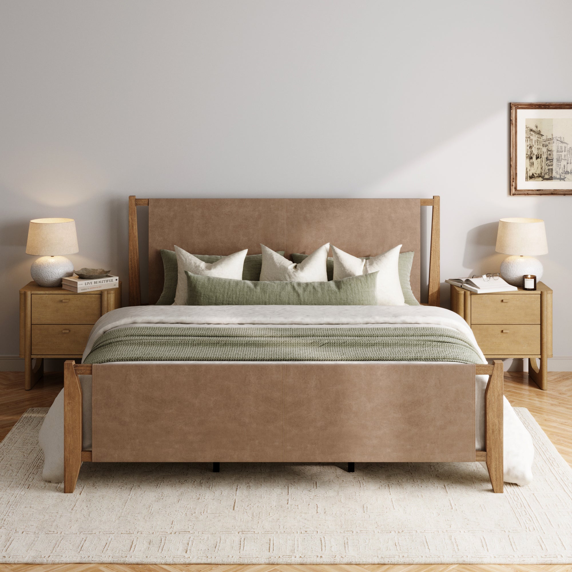 Faux Leather King Bedroom Set with 2 Nightstand