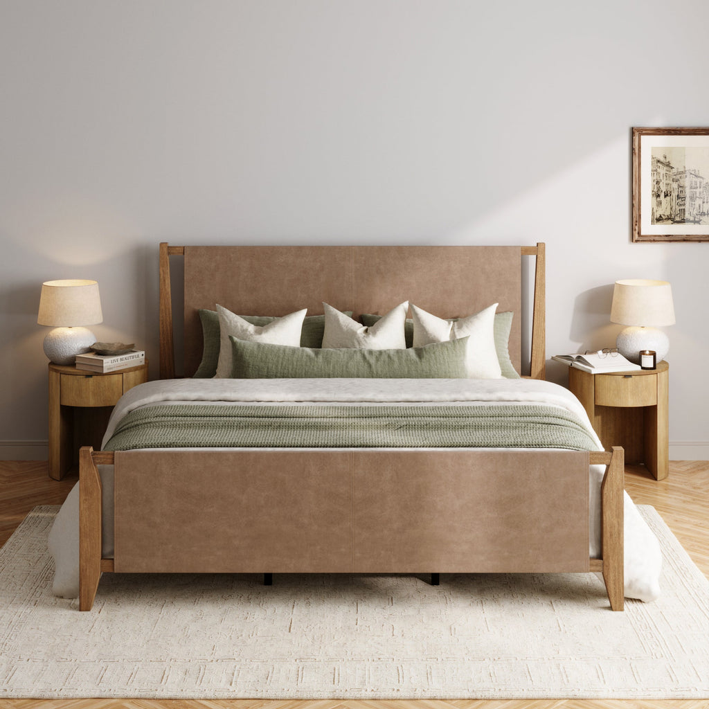 Faux Leather King Bed Frame with 2 Curved Nightstand Set