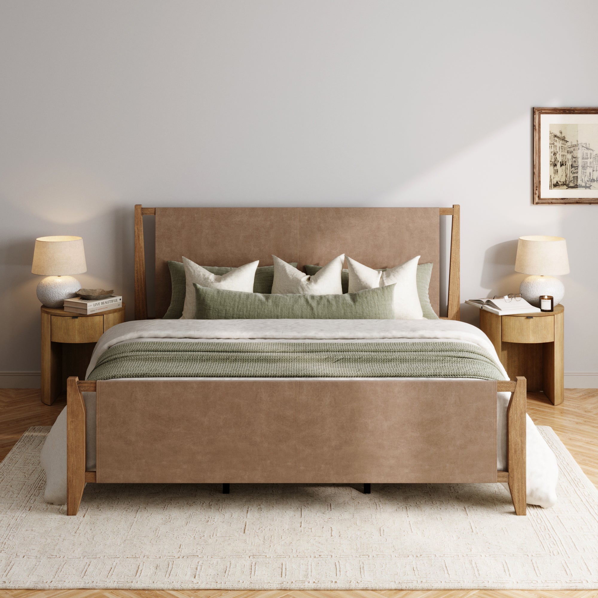 Faux Leather King Bed Frame with 2 Curved Nightstand Set