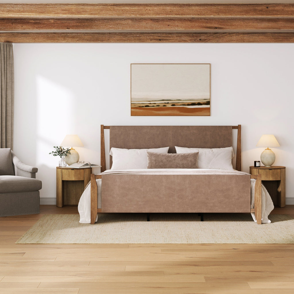 Faux Leather King Bed Frame with 2 Curved Nightstand Set