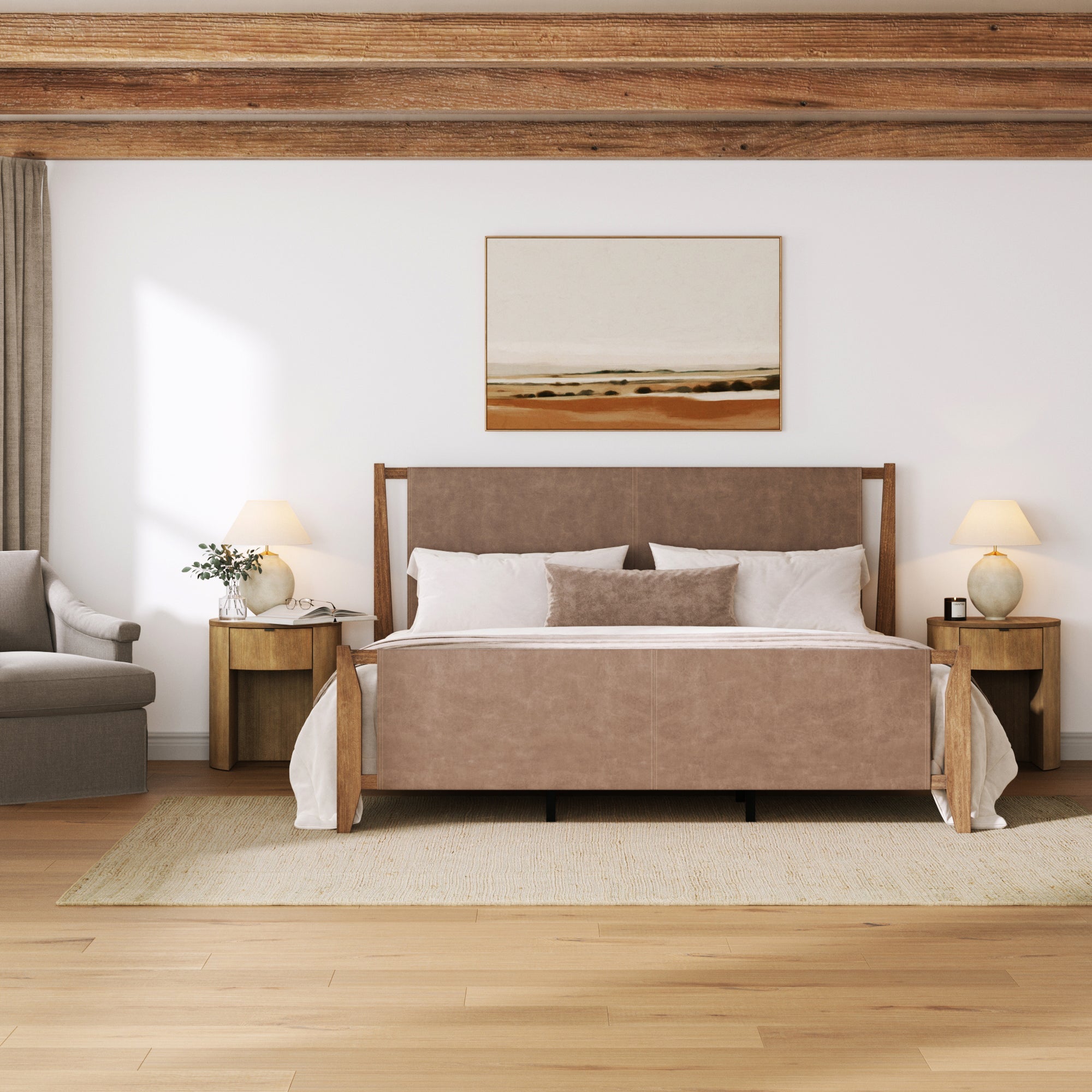 Faux Leather King Bed Frame with 2 Curved Nightstand Set