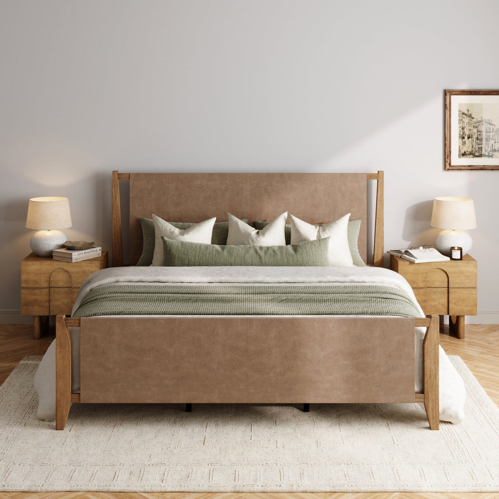 Faux Leather King Bed Frame with 2 Arched Nightstand Set