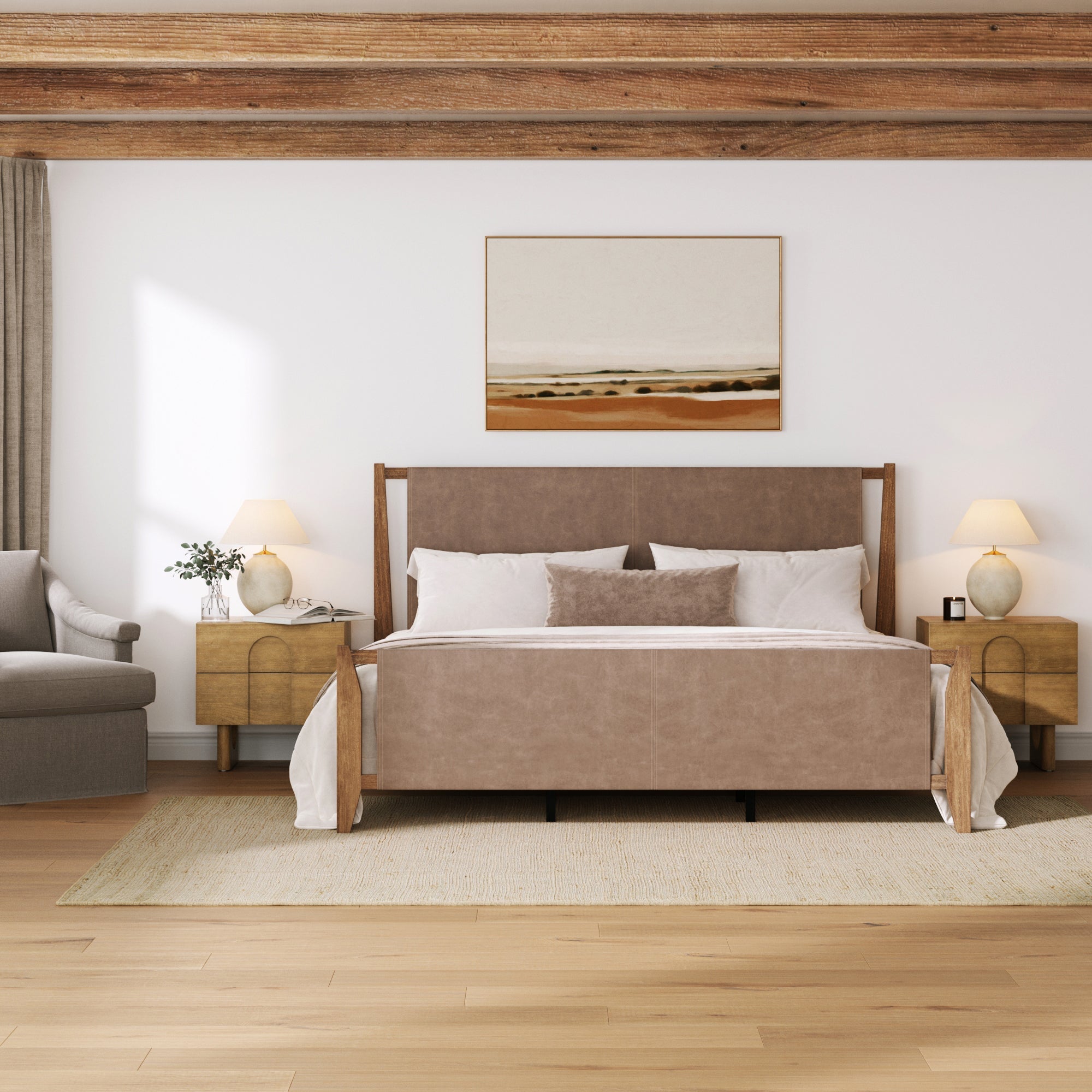 Faux Leather King Bed Frame with 2 Arched Nightstand Set