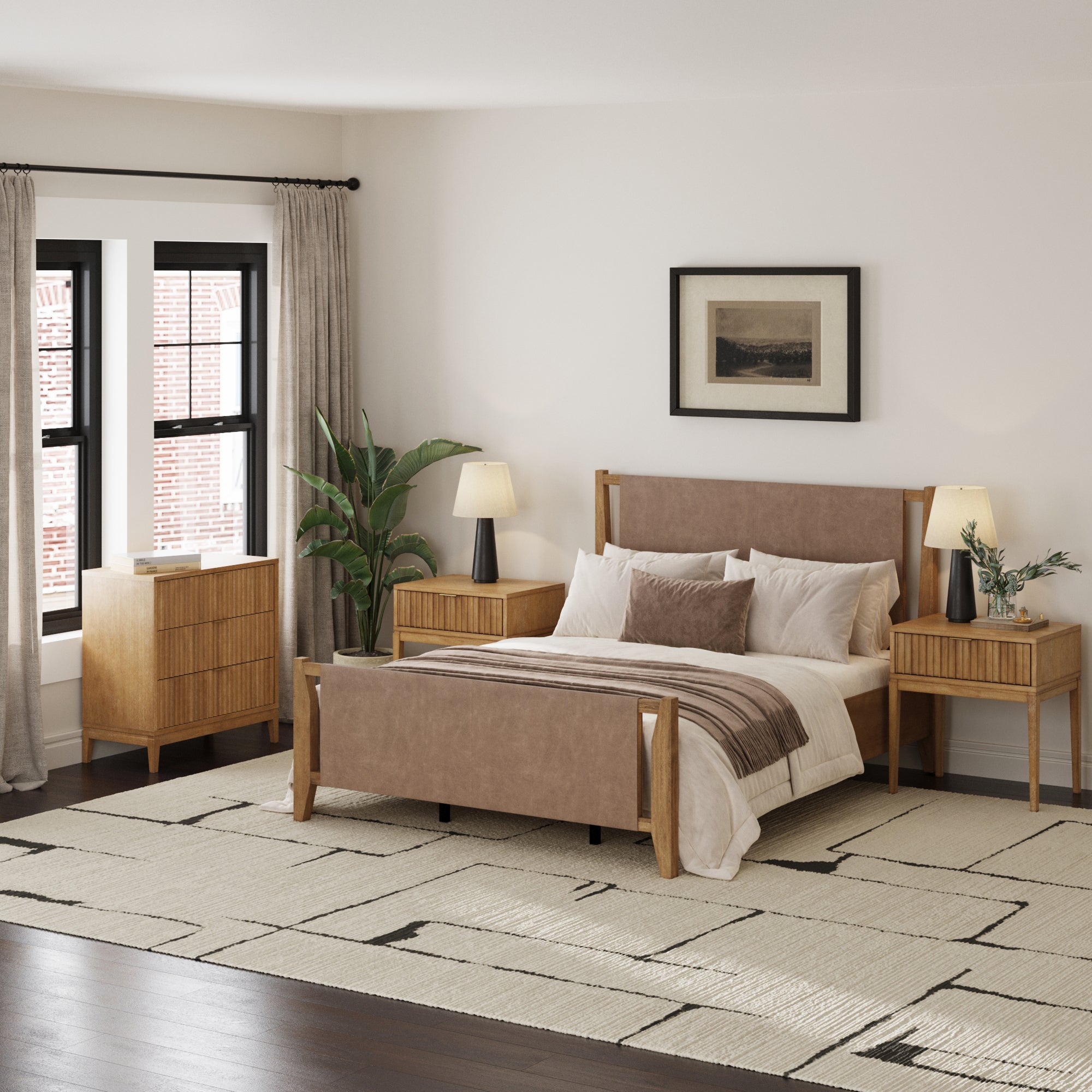Faux Leather Queen Bedroom Set with 1 Fluted Dresser & 2 Nightstand
