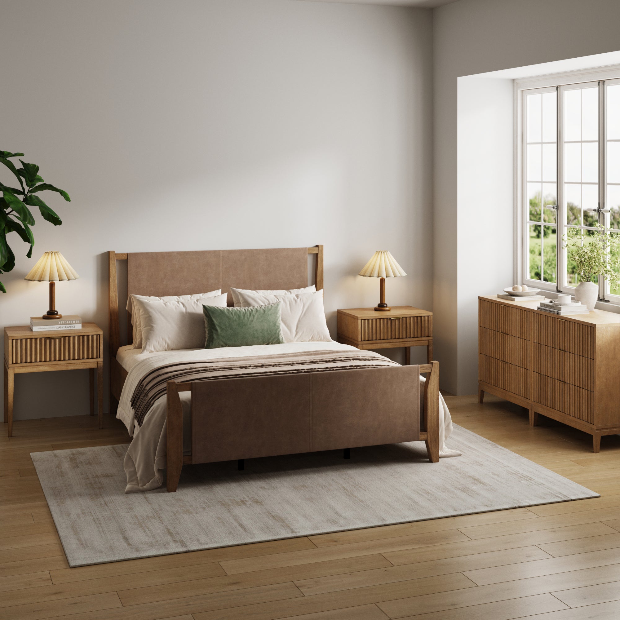Faux Leather Queen Bedroom Set with 2 Fluted Dresser & 2 Nightstand